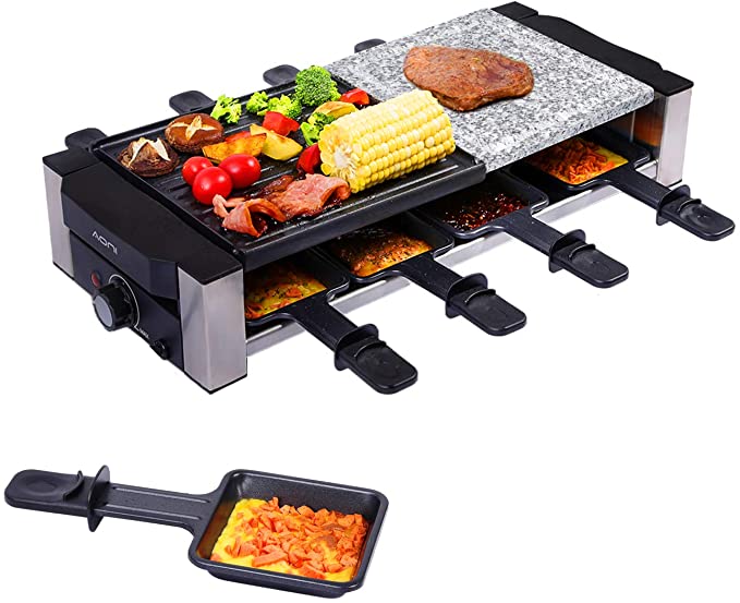 AONI Raclette Table Grill, Electric Indoor Grill Korean BBQ Grill, 1200W Removable 2-in-1 Non-Stick Grill Plate and Cooking Stone, Ideal for Parties with 8 Cheese Melt Pans