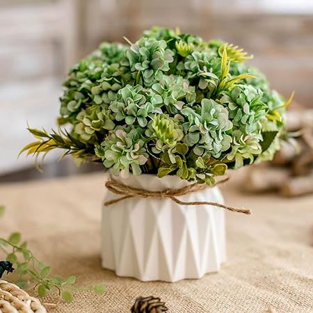 Artificial Flowers Fake Flowers Silk Rose Bouquets Decoration with Ceramics Vase for Table Home Office Wedding (Green Hydrangea)