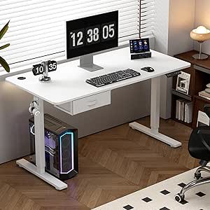 mcc direct Electric Standing Desk, Sit Stand Table, Height Adjustable Electric Standing Computer Desk with USB Charging Port and Desk Drawer for Home Office(140 X 70 cm, White)-Easton