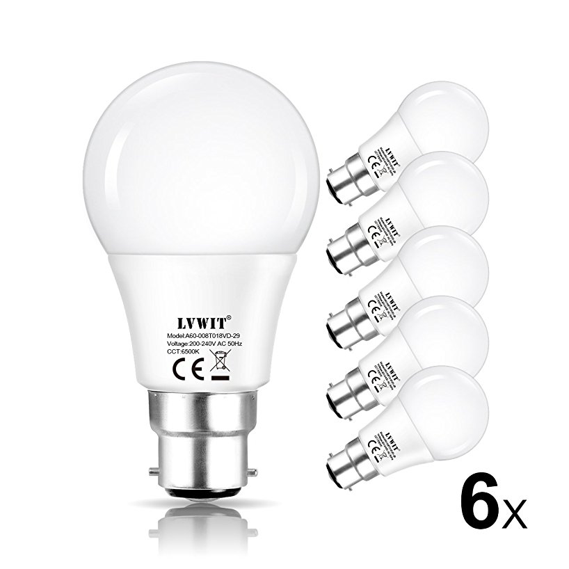 B22 Led Light Bulb, LVWIT Bayonet 8W 6500K Daylight White, Equivalent to 60W Incandescent Standard, Ultra Bright 810Lm Non-Dimmable A60 Bulb, 6 Pack