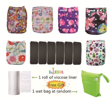 Lilbit New Baby Girl 6 Pcs Adjustable Cloth Diapers with 6 Pcs Bamboo Charcoal Inserts