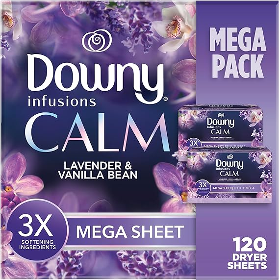 Downy Infusions Mega Dryer Sheets, Laundry Fabric Softener, CALM, Lavender and Vanilla Bean, 120 Count