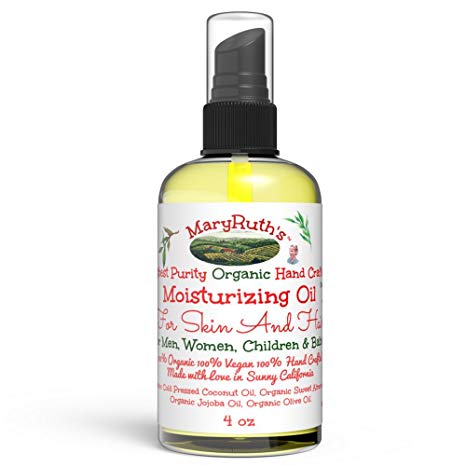 100% Organic Moisturizing Oil for Hands, Body, Feet & Hair & Face/Eye Makeup Remover & Cleanser by MaryRuth's. Hand Crafted, Vegan, Mild Clean Scent 4oz glass bottle