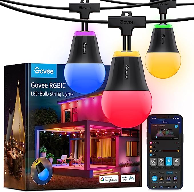 Govee Outdoor String Lights H1, 50ft RGBIC Outdoor Lights with 15 Dimmable 200lm Warm White LED Bulbs, Smart Outdoor String Lights with 60 Scene Modes and IP65 Waterproof, Work with Alexa for Parties