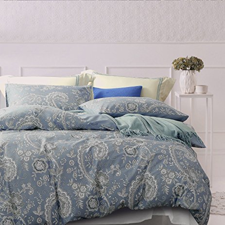 NTBAY 3 Pieces Duvet Cover Set 100% Cotton Sateen Printed Reversible Design, King Size, Denim Blue