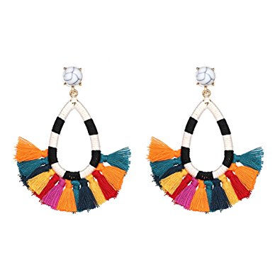 Women's Beaded Tassel Earrings Long Fringe Drop Bohemian Earings Dangle 7 Colors