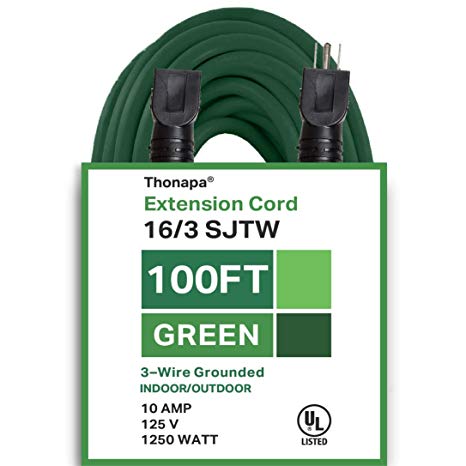 Thonapa 100 Ft Outdoor Extension Cord - 16/3 SJTW Durable Green Cable - Great for Garden and Major Appliances
