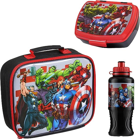 Marvel Kids Lunch Box 3 Piece Set Avengers Insulated Lunch Bag Snack Box 430ml Spiderman Water Bottle BPA Free School Travel Captain America Iron Man Thor (Multicolor Avengers)