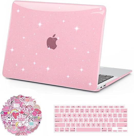 Anban Compatible with MacBook Air 13 inch Case 2022 2021 2020 2019 2018 Release A2337 A2179 A1932 Touch ID, Glitter Plastic Hard Shell Case   Keyboard Cover   50 PCS Laptop Stickers, Sparkly Pink