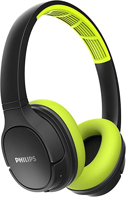 Philips ActionFit SH402 Wireless Bluetooth Headphones, IPX4 Splash-Resistance, Up to 20 hours of Play time, Echo Cancellation, Quick Charge, Smart Pairing and Cooling Earcups - Black/Green (TASH402LF)