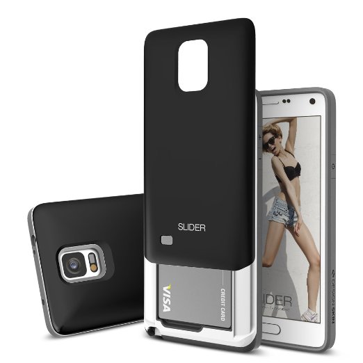 Galaxy Note 4 Case, DesignSkin Slider : Best Seller Credit Card Slot Advanced Shock Absorption Shockproof 3-Layer Slim Protective Cover Holder Wallet Case Heavy Duty Bumper (Black)