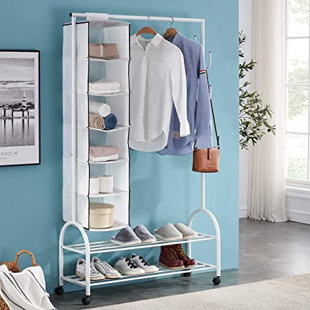 VECELO Metal Entryway Storage 2-Tier Shoe Shelves with Garment Rack/Hat Hooks, Clothes Closet Cube Coat Stand for Hallway, Bedroom, Living Room,White