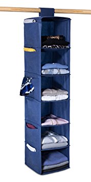 Hanging Sweater Organizer, 6 Shelves - Easily Organize and Maintain Your Sweaters Shape. Additional Six Side Pockets for Clothing Accessories. Attaches to Closet Rod with Heavy Duty Velcro. (Blue)