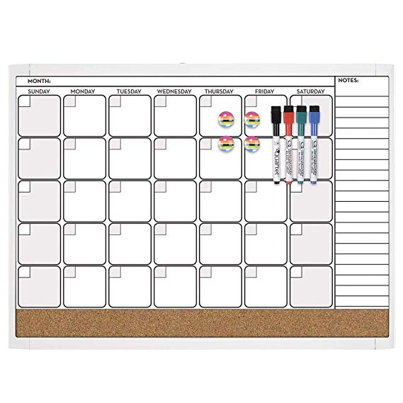 Quartet Combination Magnetic Whiteboard Calendar & Corkboard Value Pack, 17" x 23" Combo White Board & Cork Board, White Frame (44202-WT)