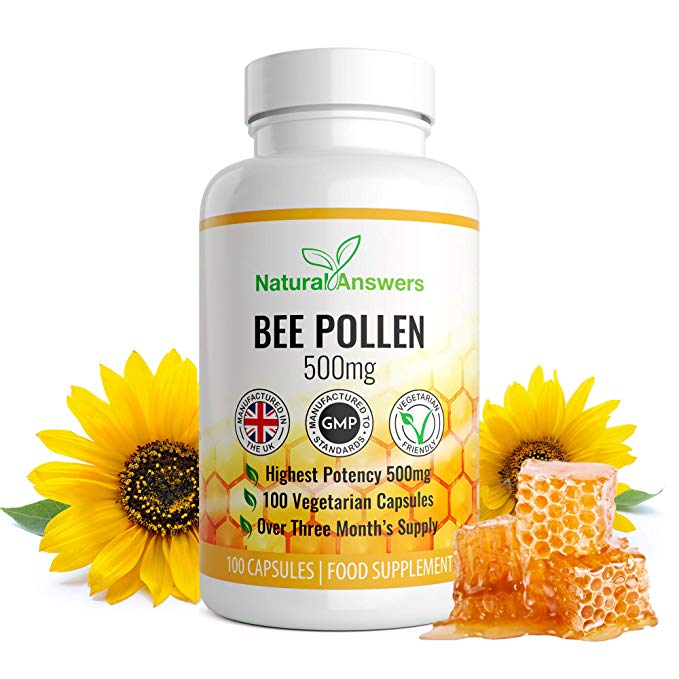 Bee Pollen 500mg | Bees Pollen | High in Vitamins C, B1, B2, B3, Iron, Zinc and Magnesium - Highest Quality Pure Bee Pollen 100 Vegetarian Capsules UK Manufactured by Natural Answers