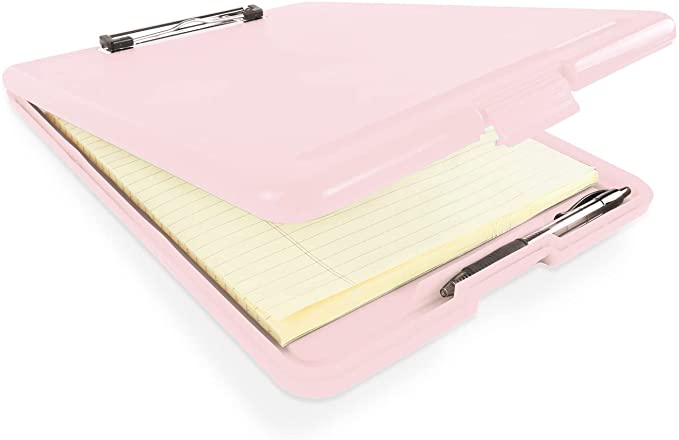 Slim Plastic Nursing RN Style Coaches Clipboard with Open Foldable Storage, Classroom Teacher College Size (9.5" x 13.5") (Light Pink)