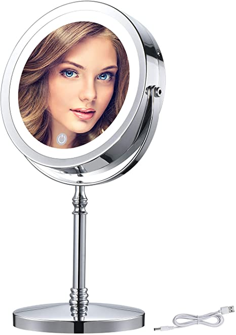 BRIGHTINWD 7X Makeup Mirror with Lights, Rechargeable Magnifying Lighted Makeup Mirror, 7 Inch Brightness Adjustable Double Sided LED Vanity Mirror with Magnification, Wireless Portable Mirror Lights for Makeup in Bathroom or Bedroom