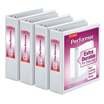 Cardinal Performer 3-Ring Binders, 2", Non-Locking Slant-D Rings, 540-Sheet Capacity, ClearVue Presentation, Non-Stick, PVC-Free, White, 4-Pack (27500), 2-Inch