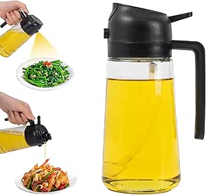 2-in-1 Olive Oil Dispenser, 16.5oz/470ml Glass Oil Spray Bottle with Pourer, Olive Oil Dispenser for Cooking, Salad, Frying, BBQ, Black