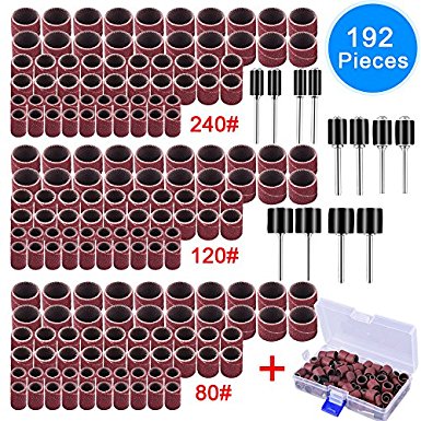 AUSTOR 192 Pieces Sanding Drum Kit with Free Box Including 180 Pieces Drum Sander Nail Sanding Band Sleeves and 12 Pieces Drum Mandrels for Dremel Rotary Tool