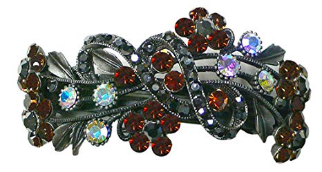 Large Crystal Barrette, Decorated with Topaz and Hematite Crystals, for thick hair OR86015-2smoketopaz