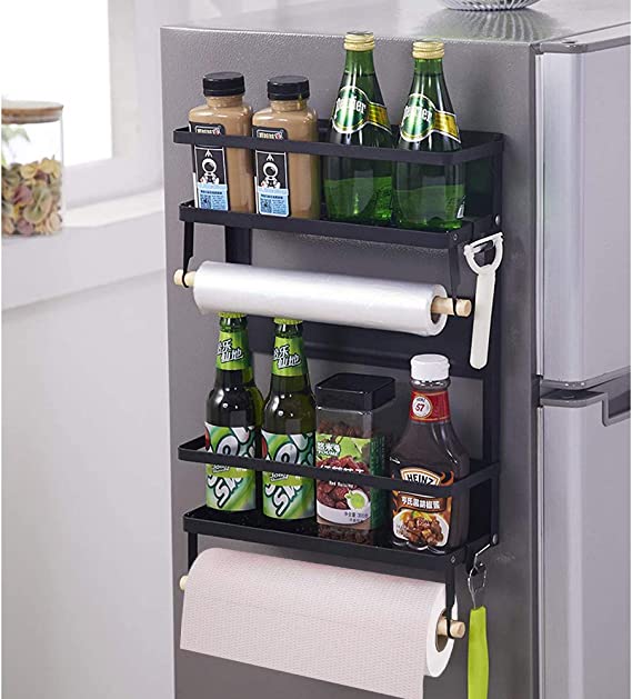 Magnetic Fridge Organizer, Magnetic Spice Rack with Paper Towel Holder and 5 Mobile Hooks, 4-Tier Magnetic Refrigerator Shelf in Kitchen Holds up to 45 LBS, 16x12x4 Inch Black