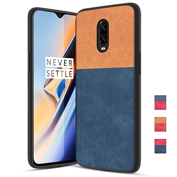 OnePlus 6T Case with Dual Layer Shockproof Half PC Back & TPU Soft Jeans Lines Full-Body Protective Armor Scrape Proof Heavy Duty case, Orange Blue