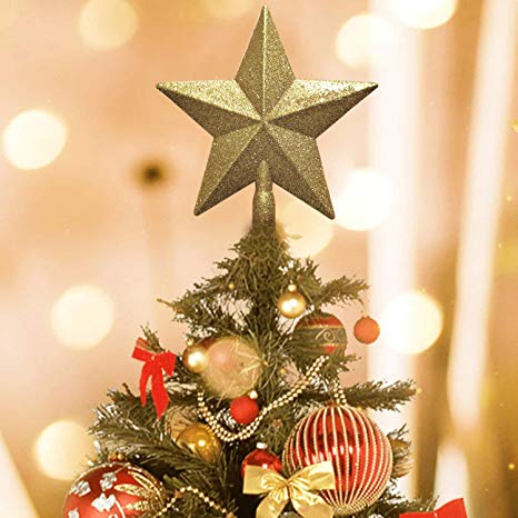 Doublx Christmas Star Tree Topper 8 Inch Gold Glittered 8'' Xmas Star Treetop for Christmas Tree Decorations