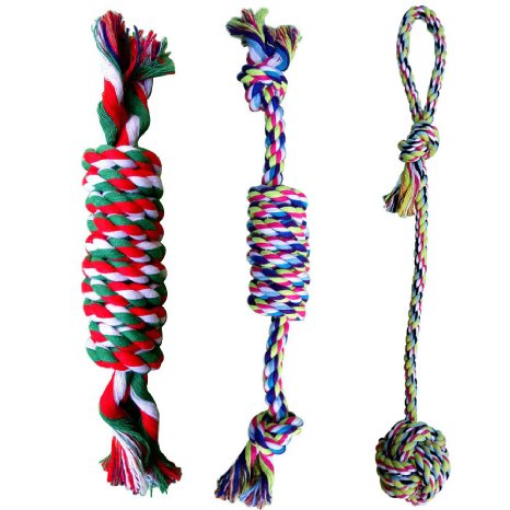 WAF Set of 3 Cotton Rope Chew Toy Knot Rope Dog Tug Toys for Chewing Tugging Playing