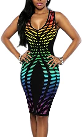 Women's Sexy V-Neck Party Dresses Sleeveless Stripe Print Bodycon Midi Club Dress