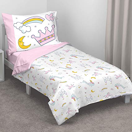 Carter's Whimsical Princess Tales 4 Piece Toddler Bed Set with Comforter, Fitted Bottom Sheet, Flat Top Sheet and Standard Pillowcase, Pink and White