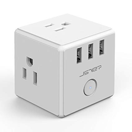 JSVER Portable 3 Wall Outlet Power Strip with 3 USB Charging Station Without Cord, White