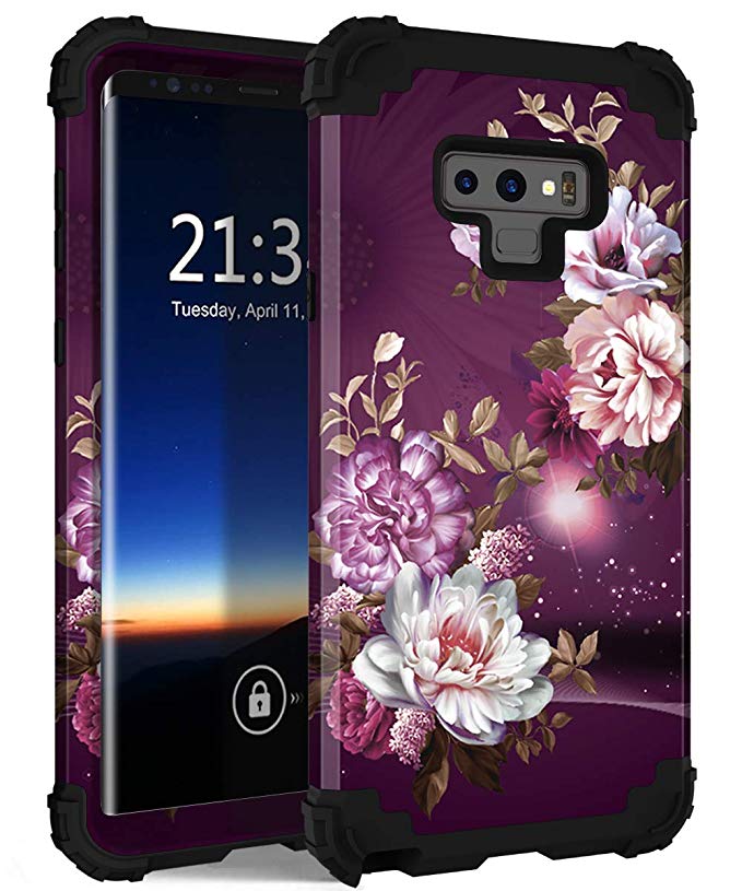 Galaxy Note 9 Case, Hocase Shockproof Heavy Duty Protection Hard Plastic Cover Silicone Rubber Dual Layer Protective Phone Case for Samsung Galaxy Note 9 (2018) SM-N960 - Burgundy Flowers