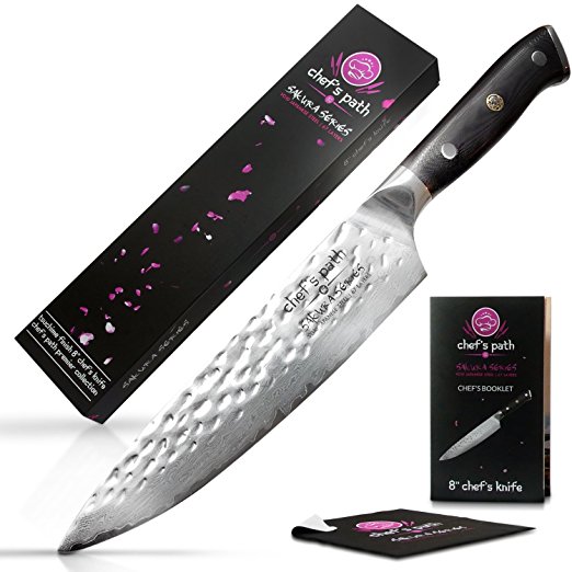 CHEF'S PATH 8" Chefs Knife | Sakura Series | VG-10 Japanese Super Steel | 67 Layers Damascus Sharpened | Hammered Finish | Stain & Corrosion Resistant | Full Tang w/ Exquisite Gift Packaging