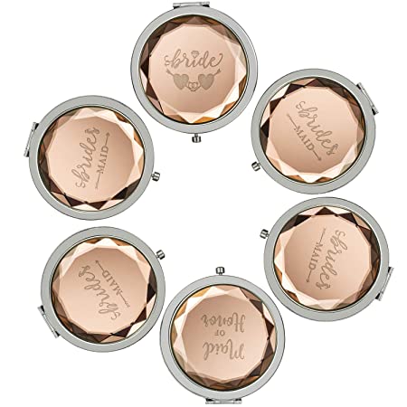 Compact Mirrors,Wedding Gifts for Bride,1 Bride Makeup Mirror 1 Maid of Honor 4 Bridesmaid Makeup Mirrors and 6 Gift Bags for Bachelorette Party Gifts for Bride(Champagne,Set of 6)