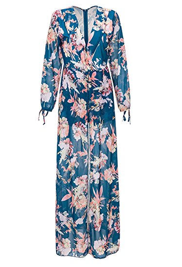 Felicity Young Women's V Neck Floral Chiffon Maxi Dress Overlay Rompers Jumpsuit Playsuit