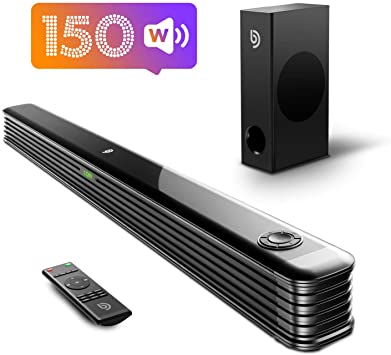 Bomaker Sound Bar with True Wireless Subwoofer, 150W 2.1 CH Ultra-Slim TV Sound Bar, Works with 4K & HD TVs, Treble & Bass Adjustable, LED Display, Bluetooth 5.0 Enabled, Outdoor Surround Sound