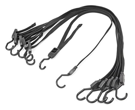 45" PowerTye Mfg Premium ADJUSTABLE Flat Bungee Cords made with Latex Rubber, Metal Hooks with Hard Plastic Coating, Black(6-Pack)