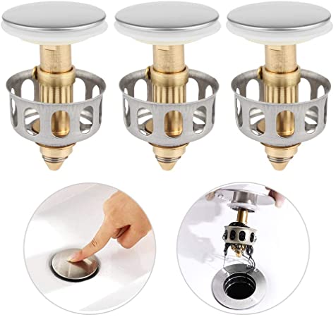 Basin Pop-up Drain Filter, 3 Pcs Diam 1.38in Wash Basin Bounce Drain Filter, No Overflow Bathroom 2 in 1 Sink Drain Plug with Basket for Anti-Clog, Easy to Install Kitchen Sink Drain Strainer Stopper