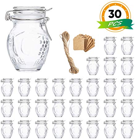 Spice Jars, Flrolove 30 Pack 3.5oz Grape shaped Glass Jars with Leak Proof Rubber Gasket & Hinged Lid,Small Glass Containers with Airtight Lids for Home, Party Favors