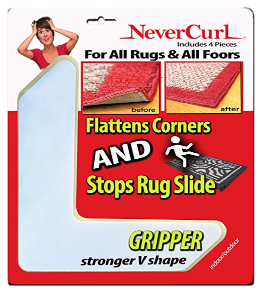 Grips the Rug with NeverCurl Includes 4 "V" Shape Corners - Patent Pending. Instantly Flattens Rug Corners AND Stops Rug Slipping. Gripper uses Renewable Sticky Gel. By NeverCurl