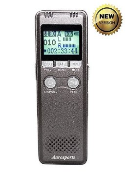 Aurosports 8GB Digital Voice Recorder & MP3 Music Player - 280 Hours Recording Capacity, Rechargeable, Built-in Speaker and LCD Display