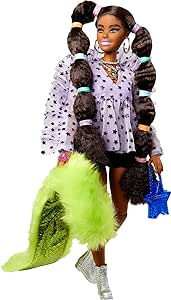 Barbie Extra Doll & Accessories with Long Pigtails & Rainbow Hair Ties in Shorts & Furry Shrug with Pet Pomeranian