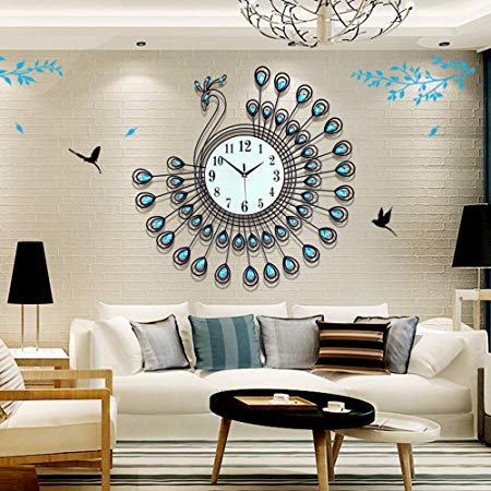 Fleble 25.6 inch Peacock Large Metal Wall Clock Silent,White Glass Dial with Arabic Numbers,Blue Diamonds Decorative Clock for Living Room,Bedroom,Office Space