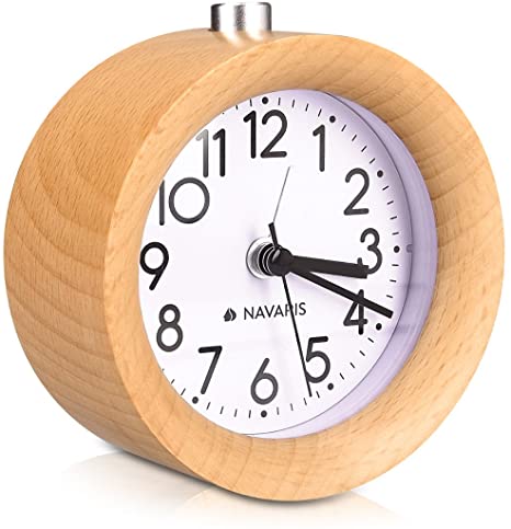 Navaris Wood Analog Alarm Clock - Round Battery-Operated Non-Ticking Clock with Snooze Button and Light - Light Brown