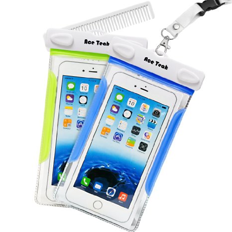 Waterproof Case 2 Pack Ace Teah Clear Transparent Universal Waterproof Cell Phone Case with comb Protective cover Dry Bag Pouch Snowproof Dirtproof for iPhone 6S Samsung Galaxy - Blue Green