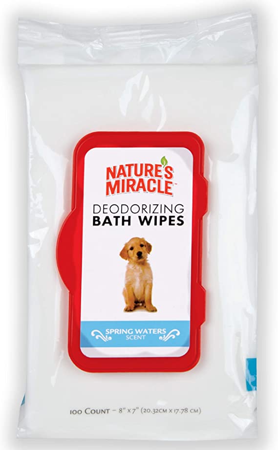 Nature's Miracle Deodorizing Bath Wipes for Pets, Safely Eliminates Pet Odors, Spring Water Scent, 100 Wipes