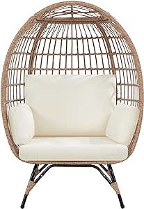 Yaheetech Egg Rattan Chair, Indoor/Outdoor PE Rattan Egg Basket Lounge Chair w/ 4 Cushions, Oversized Egg-shaped Chair w/Metal Frame Stand for Patio, Backyard, Living Room - Light Brown/Ivory