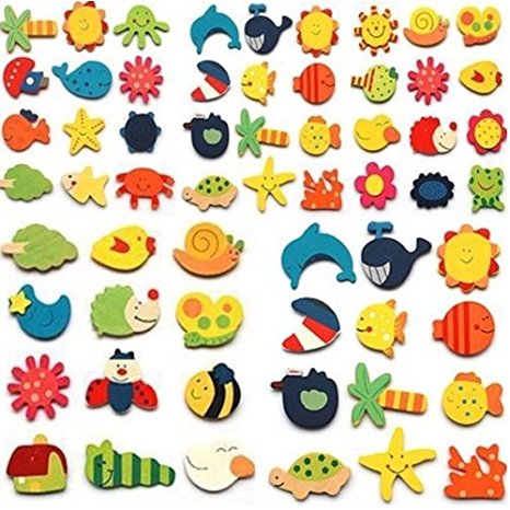 AUCH 48pcs Assorted Color Wooden Magnetic Fun Bright Colorful Preschool Toddler Toy Color and Shapes Learning Refrigerator Magnets Fridge Stickers