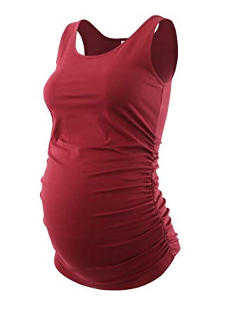 Ecavus Mama Womens Basic Layering Maternity Tank Top Pregnancy Tee Scoop Neck Sleeveless Solid Side Ruched Vest